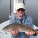Fantastic fishing today in the fog! Redfish tails everywhere! Eric Hustedt made a perfect presentation to catch this 12 spotted red on fly this morning! Way to go Eric!!